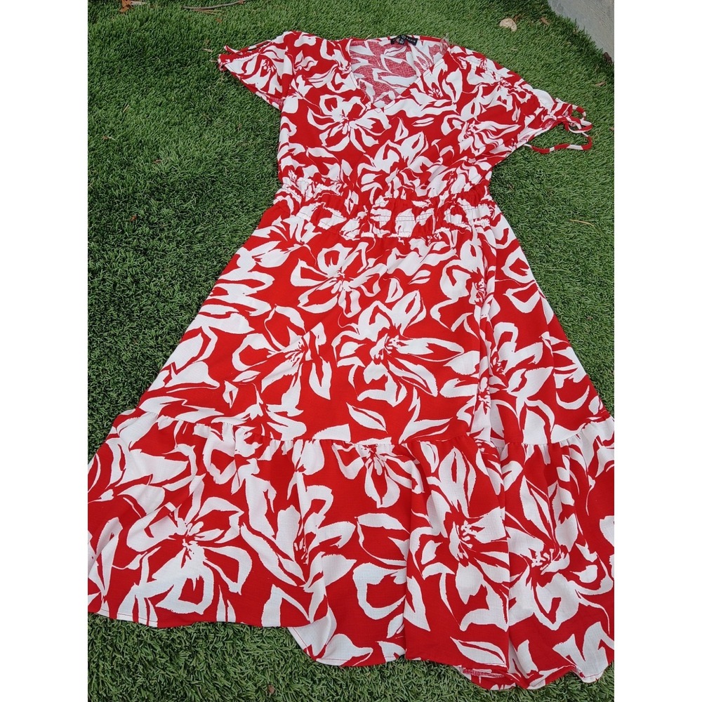 Fred David Hawaiian Dress Midi Women's 2X Red White Flowers Rayon